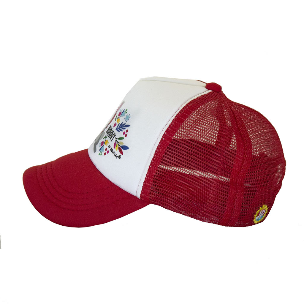 Snow Bunny on Red Trucker Hat for Kids Side View