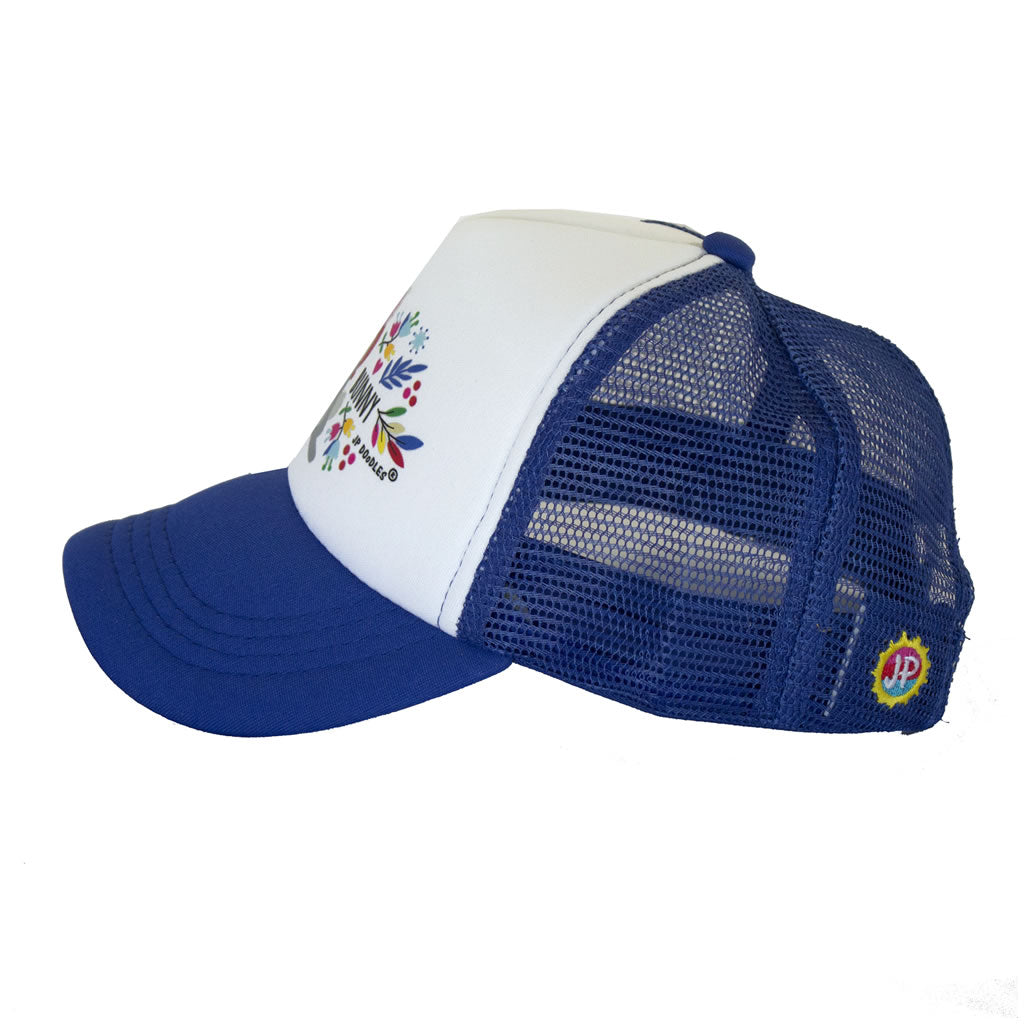 Snow Bunny on Royal Blue Trucker Hat for Kids Side View